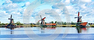 Windmills in the village of Volendam, Netherlands.