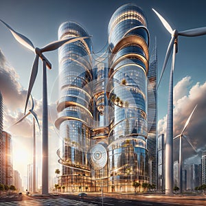 Windmills and wind turbines in modern city. 3D rendering, generative ai