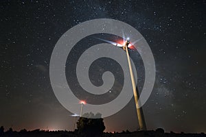 Windmills, wind turbines. Power and energy, night