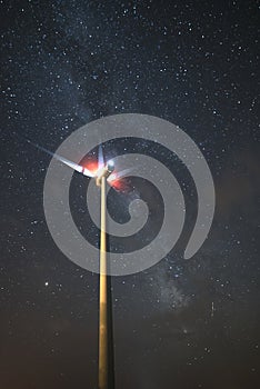 Windmills, wind turbines. Power and energy, night photography