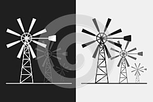 Black and white silhouette windmill alternative and renewable energy icon flat style illustration