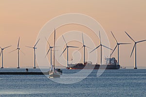 Windmils, cargo vessel, boat ship, Copenhagen Denmark