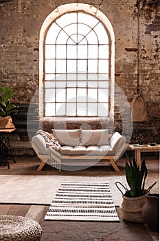 Window above grey wooden sofa in spacious loft interior in wabi sabi style with plant and carpet photo