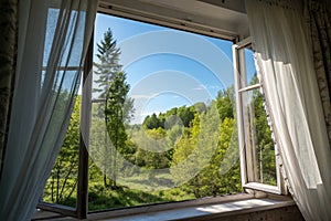 Window Overlooking Green Forest and Blue Sky