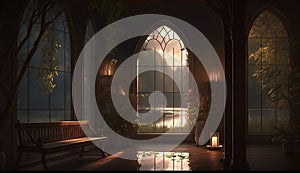 Window architecture religion indoors Christianity night dark old Spooky church generated by AI