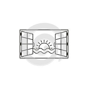 Window with beach view, shore, sunset. Vector outline icon illustration