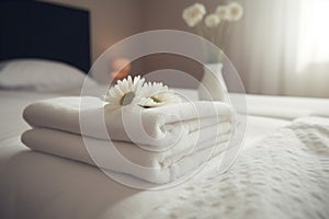 window bed towel spa welcome comfortable modern bath flower bedchamber. Generative AI.