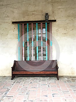 Window and bench at Mission San Miguel Arcangel photo