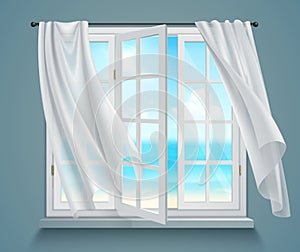 Window With Billowing White Curtains photo