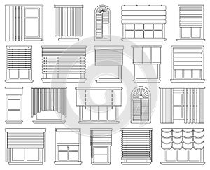 Window blind vector outline icon set . Collection vector illustration on jalousie house white background. Isolated