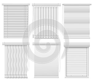 Window blinds. Horizontal, vertical closed and open jalousie. Darkening blind curtains, office room interior elements photo