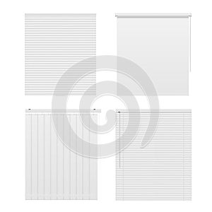 Window blinds horizontal and vertical  roller shade realistic mockups set. White curtains templates