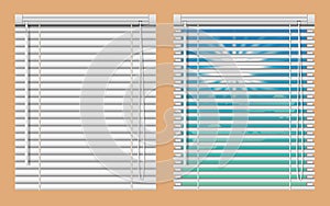 Window blinds mockup set. Vector realistic illustration windows with open and close horizontal blind curtains.