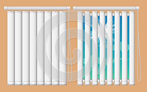 Window blinds mockup set. Vector realistic illustration windows with open and close vertical blind curtains.