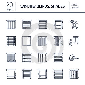 Window blinds, shades line icons. Various room darkening decoration, roller shutters, roman curtains, horizontal and