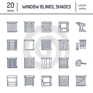 Window blinds, shades line icons. Various room darkening decoration, roller shutters, roman curtains, horizontal and photo
