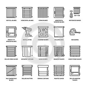 Window blinds, shades line icons. Various room darkening decoration, roller shutters, roman curtains, horizontal and photo