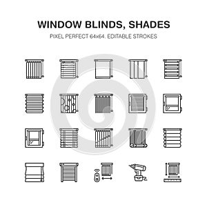 Window blinds, shades line icons. Various room darkening decoration, roller shutters, roman curtains, horizontal and photo