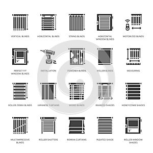 Window blinds, shades vector glyph icons. Various room darkening decoration, roller shutters, roman curtains, horizontal photo