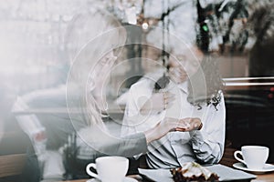 Window. Blond Girl. Mulatto. Sit. Cafe. Coffee.