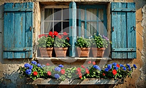 A window with a blue shutters and a flower pot with a plant in it.