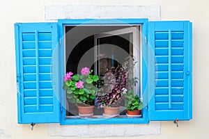 Window with blue shutters and flower pots