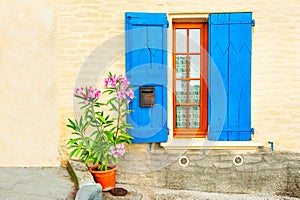 Window with blue shutters and pink flower in the pot