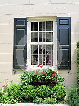 Window with blue shutters and a window box filled with blooming flowers