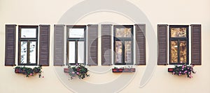 Window box flower arrangement. House facade. Vintage facade of typical european building. Retro windows with flowers