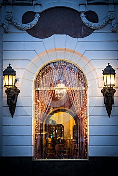 WIndow of cafe in Budapest, Hungary, Europe.