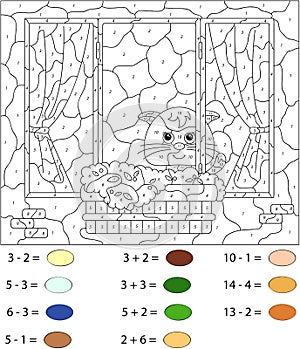 Window with a cat, flower pots and curtains. Color by number edu