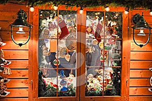 Window with christmas decoration at night