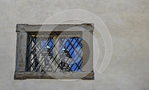 Window with church reflection in Bergamo, Upper City, famous tourist destination in Lombardy, Italy