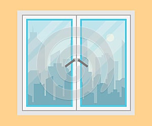 Window and city view. Morning city skyline silhouette . Modern urban landscape. Cityscape backgrounds. Flat style