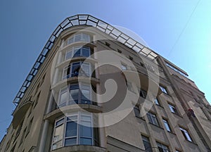 Window cleaners wash the windows of the skyscraper