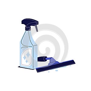 Window cleaning scraper, wet squeegee. Glass cleaner, wiper. Sprayer bottle of detergent. Housekeeping tool, housework