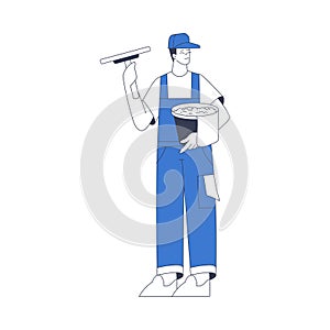 Window Cleaning Service with Professional Man Worker Character with Squeegee and Bucket Vector Illustration