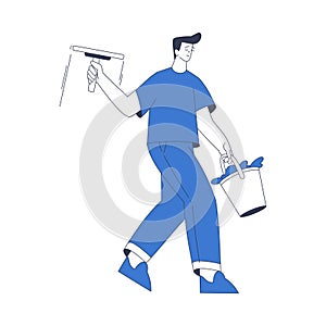 Window Cleaning Service with Professional Man Worker Character with Squeegee and Bucket Vector Illustration