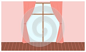 Window closed with long pink curtains vector illustration. Interior element isolated on rose wall