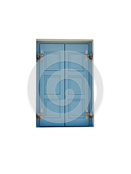 The window closed by a wooden sun blind of blue color, isolated on a white background