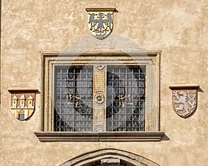 Window and coats of arms, Old Town Hall, Prague Czech republic