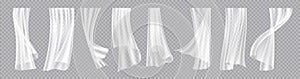 Window curtains. Realistic flowing cloth with wind breeze effect. Interior decorative elements. Elegant lightweight