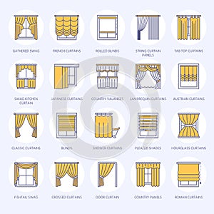 Window curtains, shades line icons. Various room darkening decoration, lambrequin, swag, french curtain, blinds and