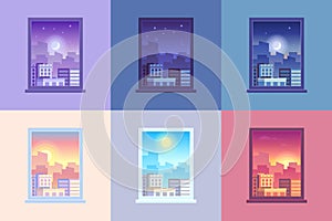 Window day time view. Sunrise and sun dawn morning noon and sunset dusk day and night stars at city house windows cartoon vector