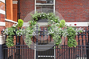 Window decorated with flowers, decorative greenery, typical view of the London street, London, United Kingdom
