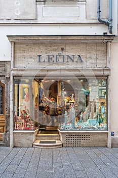 Feb 4, 2020 - Salzburg, Austria: Window display of mozartkugel candy on the street of Getreidegasse