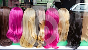 Window display of a wig shop
