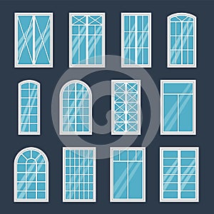 Window exterior. Various glass windows frame types, construction sashes design, modern architecture house interior, flat photo