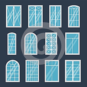 Window exterior. Various glass windows frame types, construction sashes design, modern architecture house interior, flat