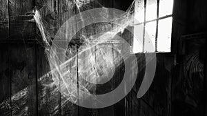 A window featuring a spider web up close